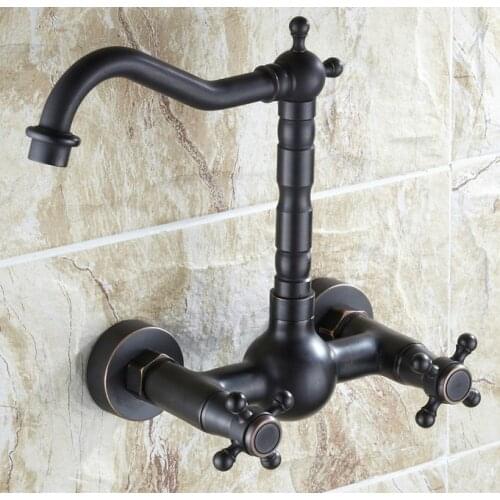 Black Oil Rubbed Bronze Wall Mounted Dual Cross Handles Swivel Spout Bathroom Kitchen Sink Faucet Cold & Hot Mixer Tap asf072