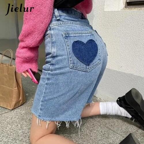 Jielur Blue Love Shorts Jeans Chic Summer High Waist Casual Damskie Loose Straight Denim Short for Girls Pocket Zipper New S-XL