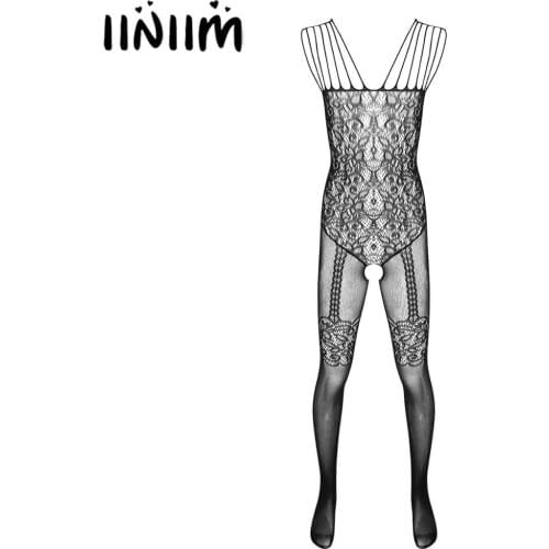 Mens Gay Erotic Lingerie Sissy Nightwear See Through Sheer Fishnet Footed Crotchless Body Pantyhose Tights Full Body Stocking