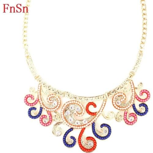 FnSn New Hot Chokers Simulation Pearl Necklace Jewelry Women Gold Color Zinc Alloy Rhinestones Collar Turkish Plant jewelry N159
