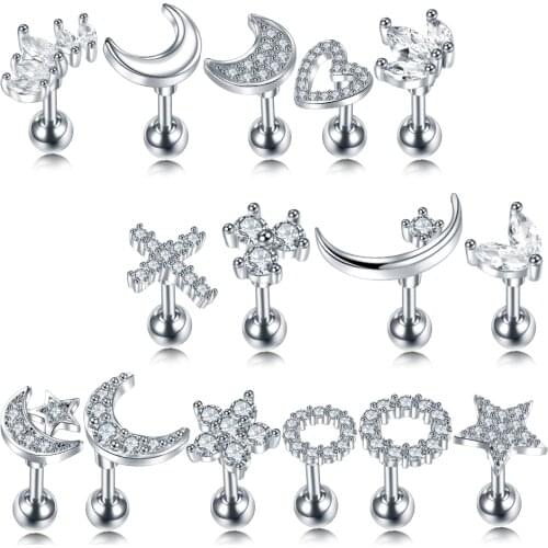 1PC 16G CZ Gem Cartilage Stud Moon Star Heart Cross Flower Crown Helix Tragus Piercings Conch Rook Stud Earring Piercing Jewelry