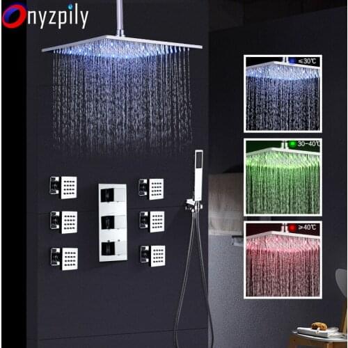 Chrome 12'Square Rain Shower Head 3 Color Changing Ceiling Mounted Thermostatic Valve Mixer Tap W/ Massage Jets Shower Sprayer