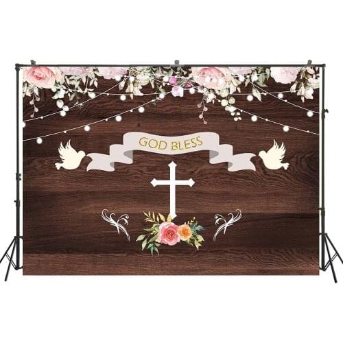HUAYI Photography Backdrop God Bless cross wedding ceremony wood floral wall Customize printed Photo Background Studio Photocall