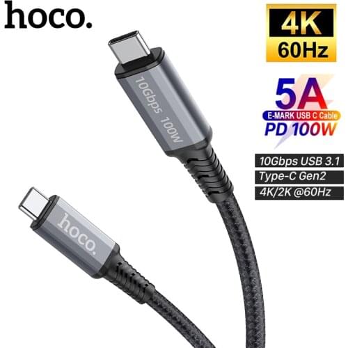Hoco USB3.1 GEN2 10Gbps 100W USB C to C Fast Charging Cable 3A E-MARK 4K 60Hz Nylon 100W Data Transfer Wire Cord For Macbook Pro