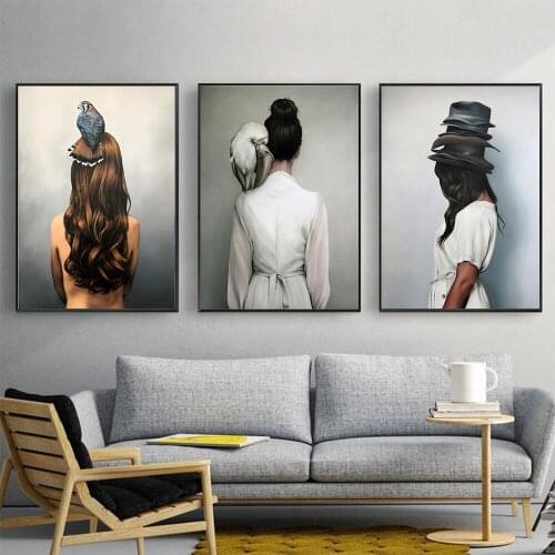 Nordic Lovely Bird Lady Canvas Painting Wall Art Animal Figure Picture Art Posters and Prints for Living Room Decor Home Decor