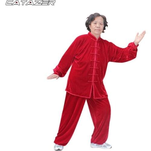 Tai Chi Suit Womens Gold Velvet Thickened Morning Exercise Clothes South Korea Velvet Embroidery Martial Arts Practice Kungfu