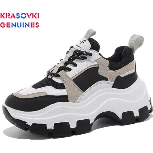 Genuine Leather Sneakers Winter Women Fashion Thick Bottom Breathable Round Toe High Heels Lace Solid Leisure Women Shoes