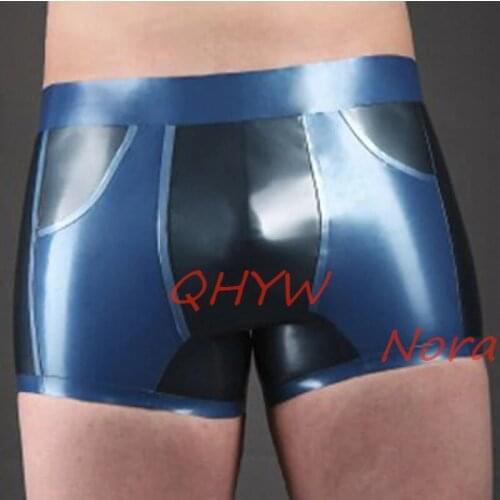 Handmade Latex Shorts Men Black with Blue Tight Rubber Boxer Underwear Size S-XXL