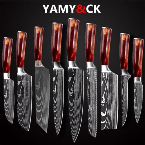 YAMY&CK kitchen knives Set Laser Damascus paattern chef knife Sharp Santoku Cleaver Slicing Utility Knives Resin Handle The New