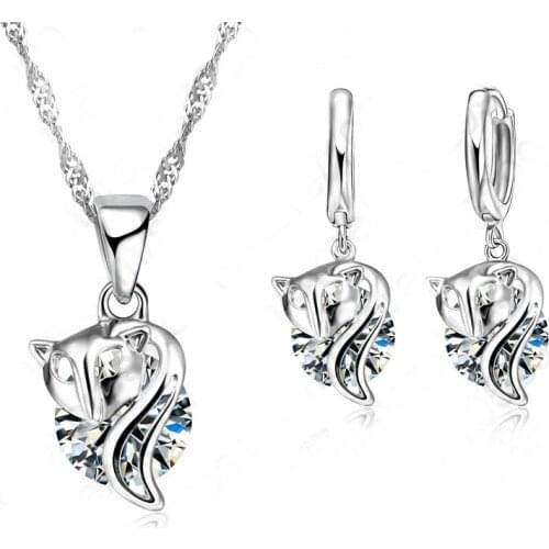 New Arrival Fox Shape Pendant Jewelry Set 925 Sterling Silver Necklace Earrings Set With Clear Cubic Zircon Women Jewelry
