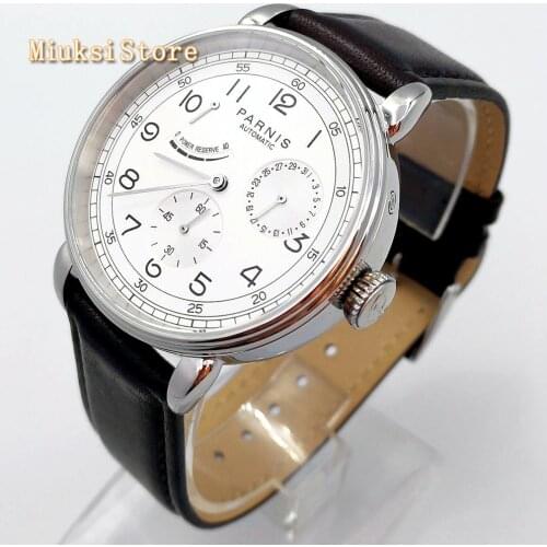 New Parnis 42mm silver watch case date leather automatic movement mens luxury mechanical watch