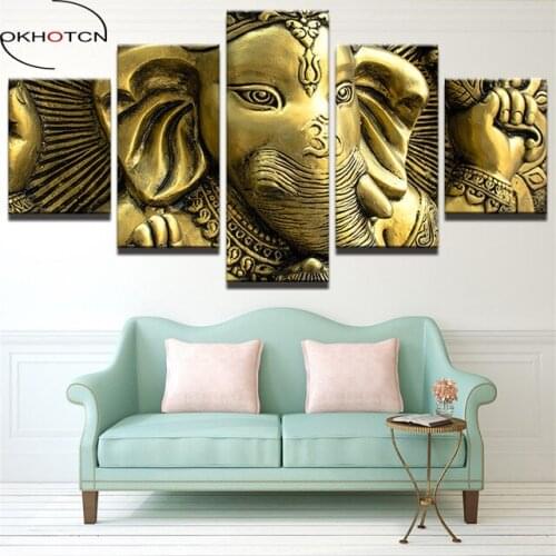 OKHOTCN Wall Art Poster Home Decor Living Room Frame Canvas Picture 5 Pieces India Elephant Head God Ganesha Painting HD Printed