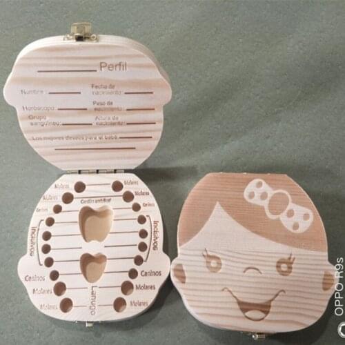 Baby Wood Tooth Box Organizer Milk Teeth Storage Language Spain English Collect Teeth Umbilica Save Gifts Baby Tooth Box