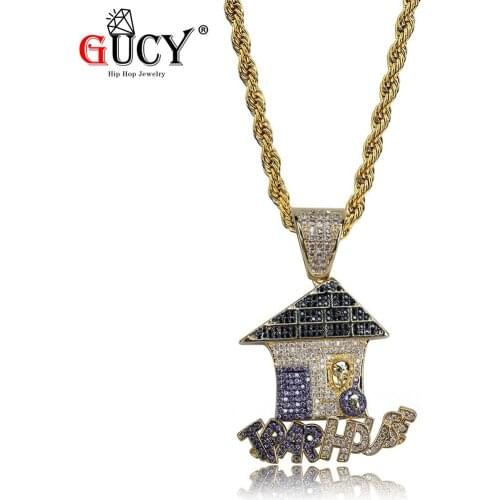 GUCY Multi Color Trap House Iced Out Pendant Necklace Tennis Chain Gold Micro Pave Bling Cubic Zircon Mens Hip Hop Jewelry Gift