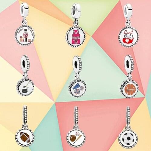 100% 925 Sterling Silver Charm Football, Cheerleading Enamel Pendant, Suitable For Original Bracelet Ladies Fashion Diy Jewelry