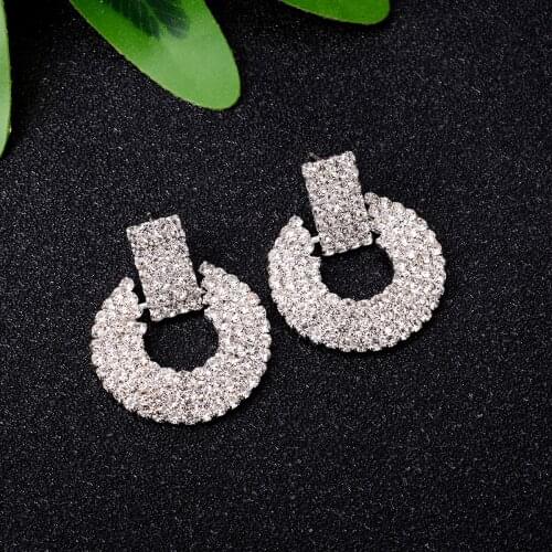 Simple Fashion Dangle Earrings For Women Silver Color Geometry Round Crystal Zircon Bride Wedding Circle Drop Earrings Jewelry
