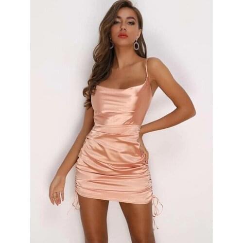 Womens Summer Sexy Short Dress Drawstring Pleated Satin Multicolor Dress Fashion High Waist Irregular Beach Dress