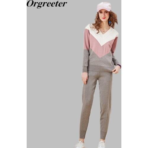 Tracksuit Women Fall Winter New Sweatersuit V-neck Long Sleeve Hit color Striped Pullover Tops and Pants Knitted 2 Piece set