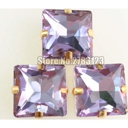 Free shipping 20pcs/pack Gold bottom crystal violet Square shape flatback AAA+ Glass Crystal sew on claw rhinestones SWZJ015