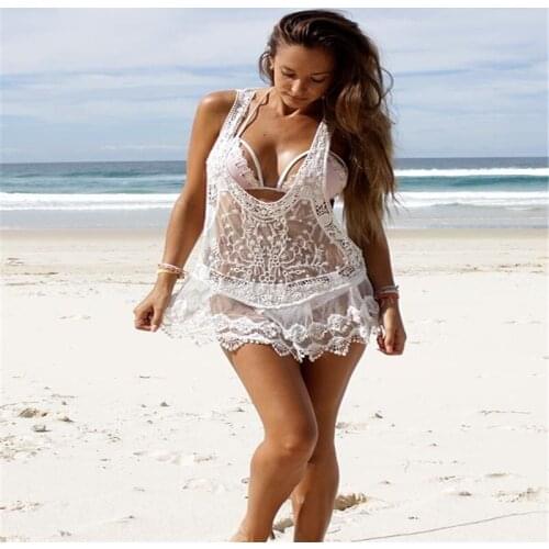 Super Sexy Women Beige Lace V-Neck Beach Shade Vest Bikini Tops 2017 Fashion Style