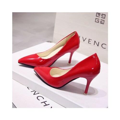 Womens shoes with stiletto heels, female pointed black work shoes, patent leather blue large size shoes, red wedding shoes