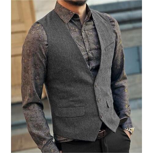 Tweed Grey Mens Vest Suit Boutique Wool Slim Fit Leisure Cotton Male Gentleman Beckham Business Waistcoat For Wedding Groomsmen