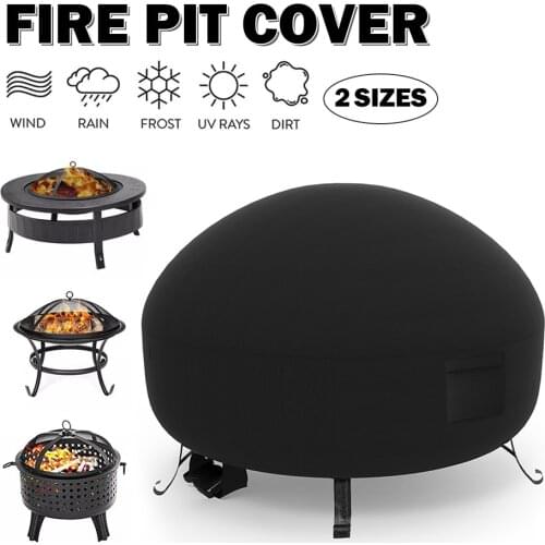 Waterproof Patio Fire Pit Cover Black UV Protector Grill BBQ Shelter Outdoor Garden Yard Round Canopy Furniture Covers 2 Sizes