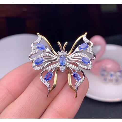 Grace Butterfly fly natural blue sapphire brooch Pendant natural gemstone pendant Two uses S925 silver girl lady party jewelry