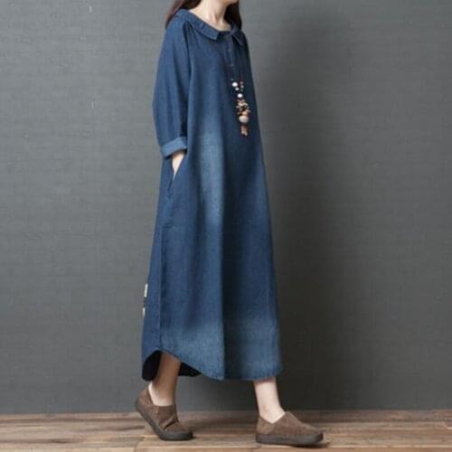 Jean Dresses Women 2019 Autumn Female Denim Shirt Dress Elegant Chinese Dresses Literary Fashion Loose Casual Long Dress TA1395