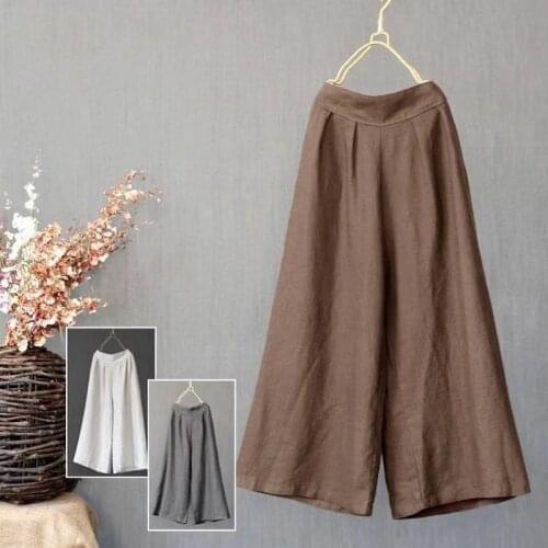 Womens Palazzo High Waist Wide Leg Culottes Cotton Linen Loose Pants Seluar