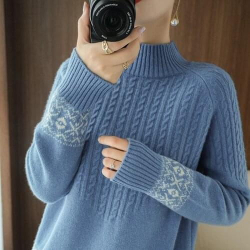 Womens pullover 2021 winter new 100% wool sweater casual half high neck thick cashmere sweater plus size ladies knit top hot