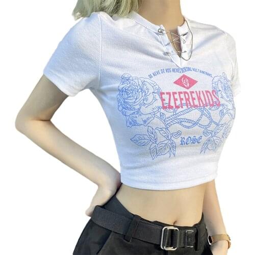 Womens Rib Knit Crop Tops Safety Pin Notched Neck Short Sleeve Rose Print T-Shirts