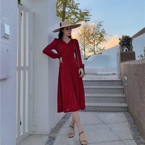 High Quality Runway Autumn Dress 2021 New WomenS Fashion Workplace Casual Party Vintage Elegant Chic V-Neck Red Dress