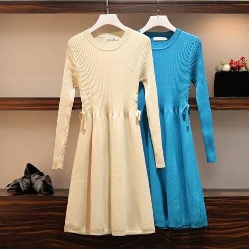 Chic Autumn Winter Sweater Dress Women o-neck Long Sleeve A Line lacing Knit mini Dress female girl bodycon dresses vestidos 4XL