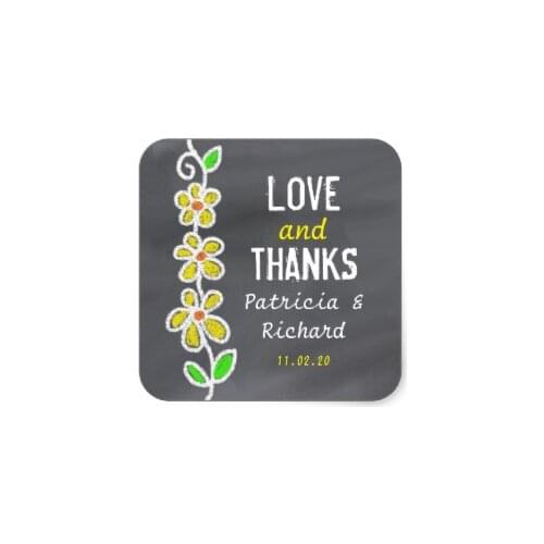 3.8cm Rustic Love And Thanks Floral chalkboard Wedding Square Sticker