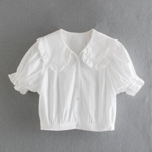 JC·KILIG 2021 White Baby Collar Wood Ear Bubble Sleeve Shirt DP9413