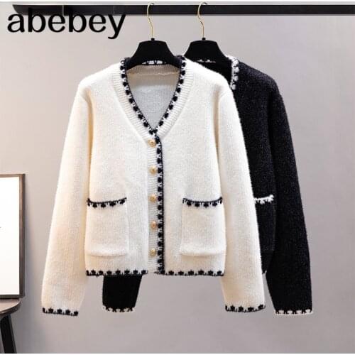 White/black Mohair Knitted Cardigan Women 2021 Korean Fashion Autumn Winter Clothes V-neck Long Sleeve Knit Sweater Mujer