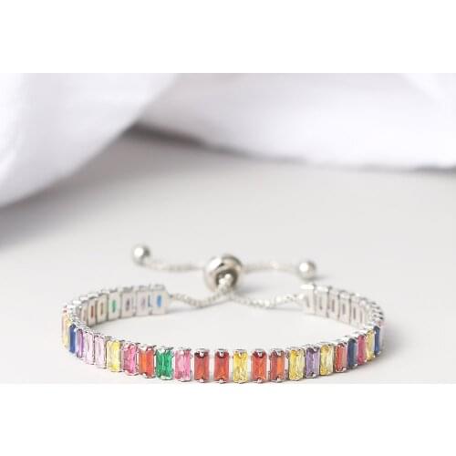 Colorful Rainbow Zircon Stone Bracelet Rose Gold Silver Color Fashion Jewelry for Women Baguette Stone 2021
