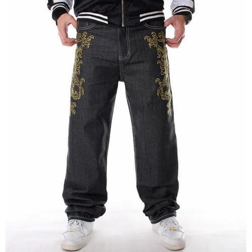 Mens hip-hop jeans Loose embroidery wings straight denim Jeans pants Male hip hop streetwear long cowboy trousers large size