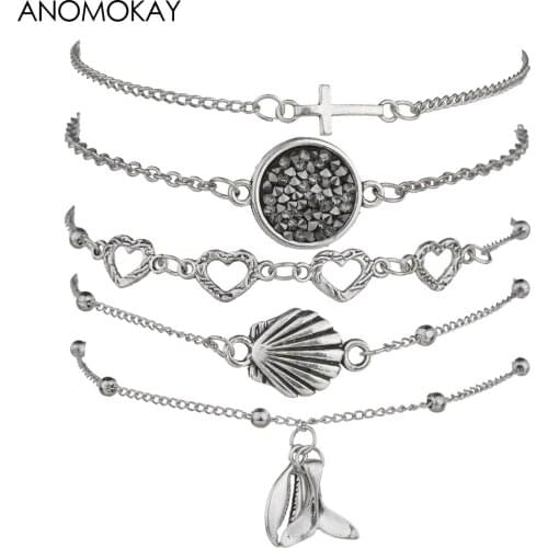 European & American Antique Silver Plated Ocean Beach Series Link Bracelet Shell Fish Tail Charm Wrap Bracelet for Women Gift