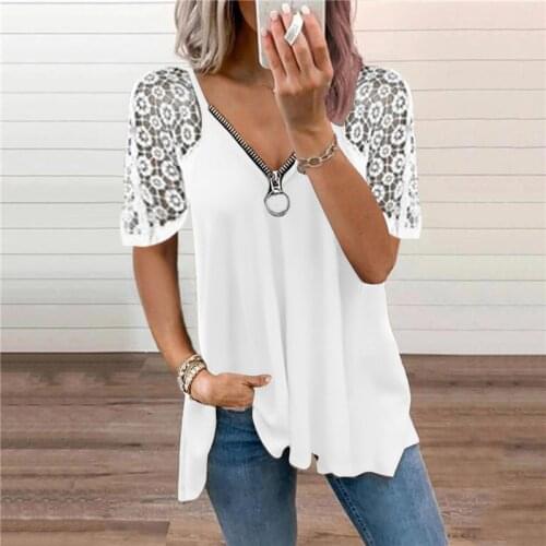 Summer Womens Lace Stitching T Shirts Short Sleeve Zipper V Neck Solid Loose T-shirt Fashion Casual Femmes Tops
