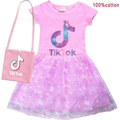 Tik Tok Summer Tik Tok Girls Cotton Dress+bag Gauze Patchwork Dress Children Girl Home Party Casual Clothes Dresses