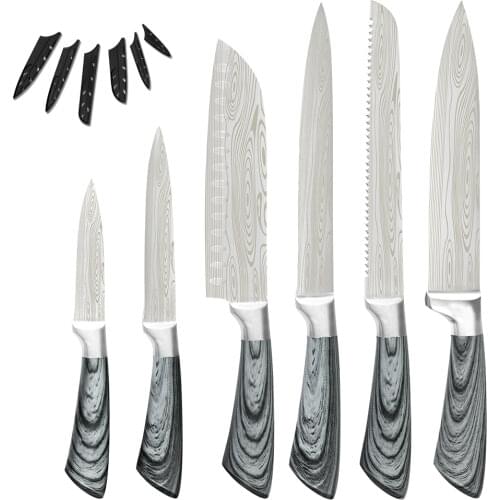 XYj Stainless Steel Kitchen Knives Set Damascus Veins Pattern Blade 8'' Slicing Bread 7'' Chopping Santoku Utility Paring Knife