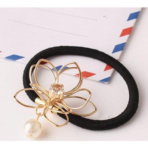 New Korean Women Hair Accessories Rhinestone Tiara Hair Rope Simulated Pearl Hollow Flower Elastic Headband Rubber Hair Bands