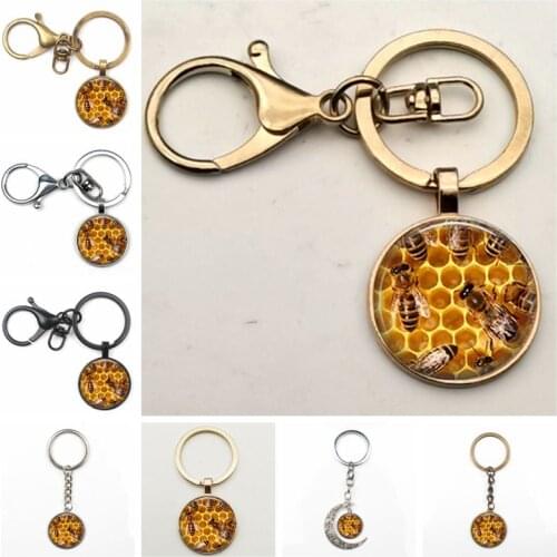 New Multifunctional Keychain Cute Bee Pattern Jewelry Pendant Honeycomb DIY Handmade Glass Round Charm Bag for Men Women Keyring