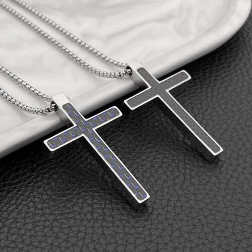 Carbon Fiber Cross Stainless Steel Pendant Necklace Silver Color Catholic Christian Necklace Men Women Blue Black Neck Jewelry