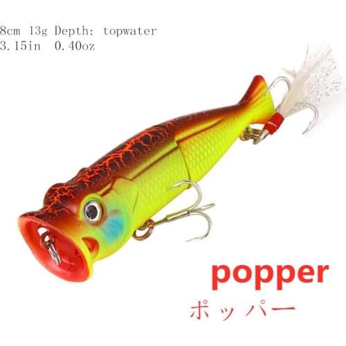 Popper Fishing Lures 8cm/13g Pesca Fishing TackleTwo-section lace-up feather blood groove hook Wobbler Bionic hard fishing bait