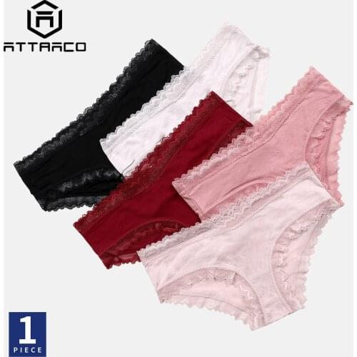 ATTRACO Womens Underwear Panties 1 PC Soft Cotton Briefs Mid Waist Lace Trim Comfort Lingerie