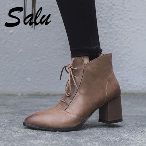 Salu Brown Black Ankle Boots for Women High Heel Boots Ladies Winter Shoes Woman Botas Invierno Mujer Size 11 12 42 43