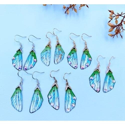 Minar Fairy Neon Green Rhinestone Cicada Wings Earrings Trendy New Butterfly Gradient Pink Blue Sequins Long Dangle Earrings